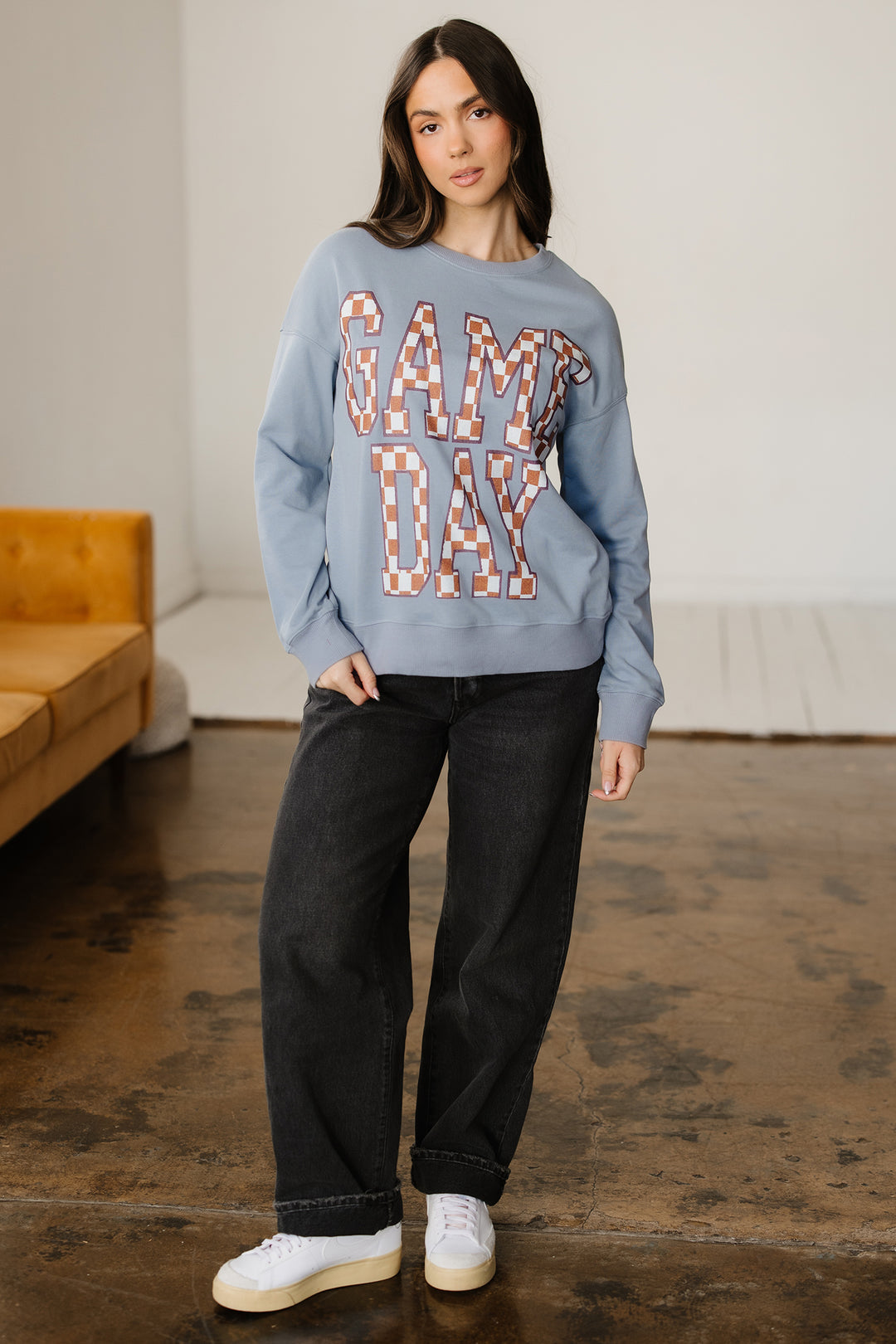 Sleet GAME DAY Checkered Letter Graphic Oversize Sweatshirt