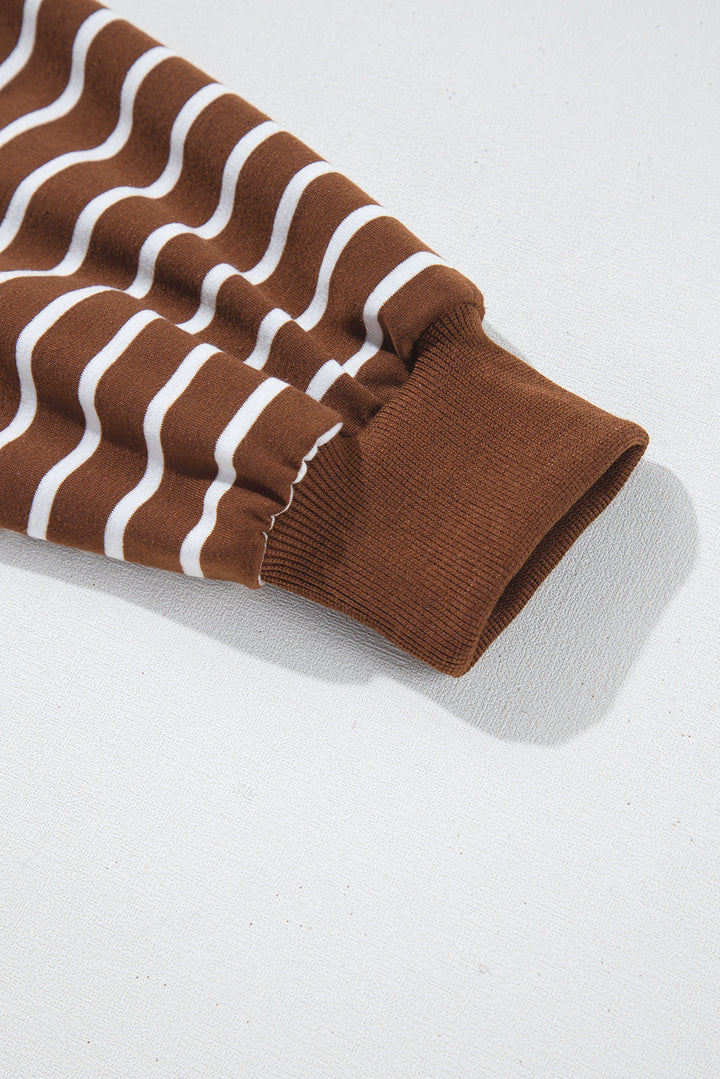 Coffee Striped Long Sleeve Round Neck Loose Top
