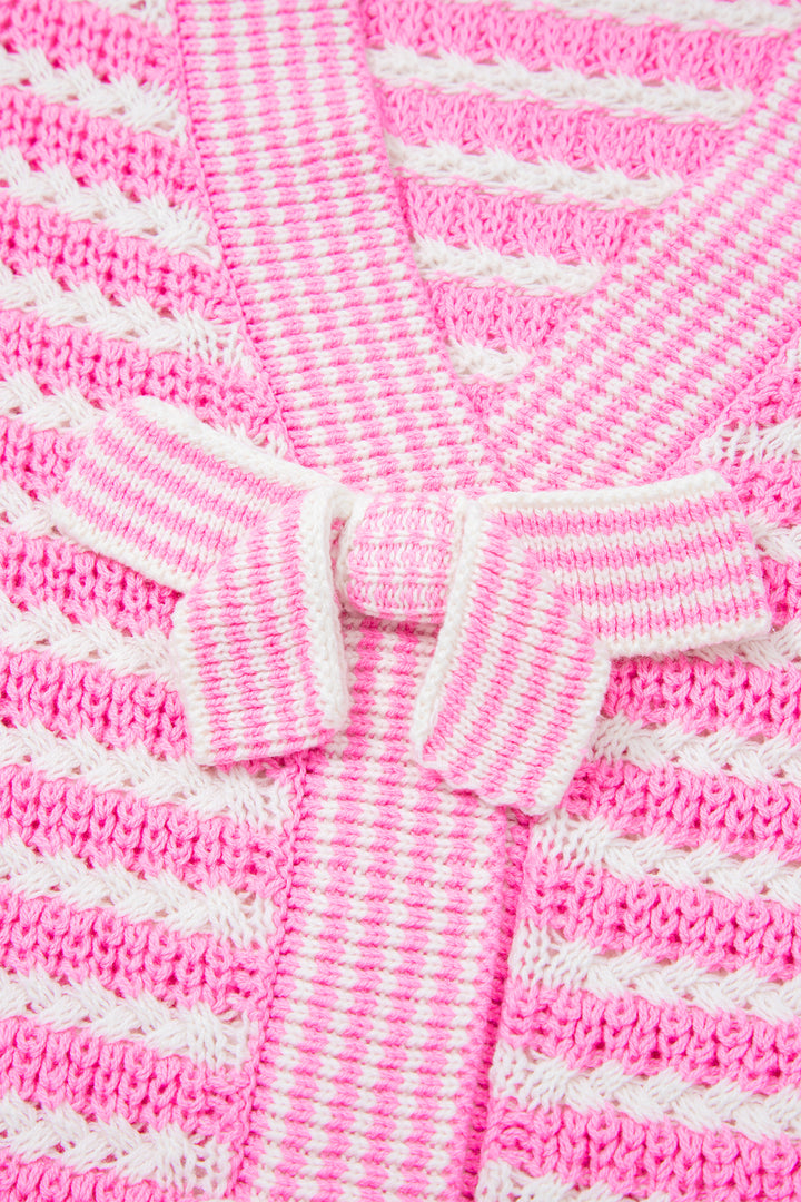 Pink Stripe Short Sleeve Knit V Neck Bow Knot Sweater