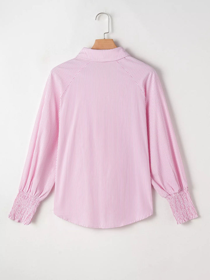 Pinstripe Long Sleeve Smocked Cuffs Button Shirt Collar Blouse