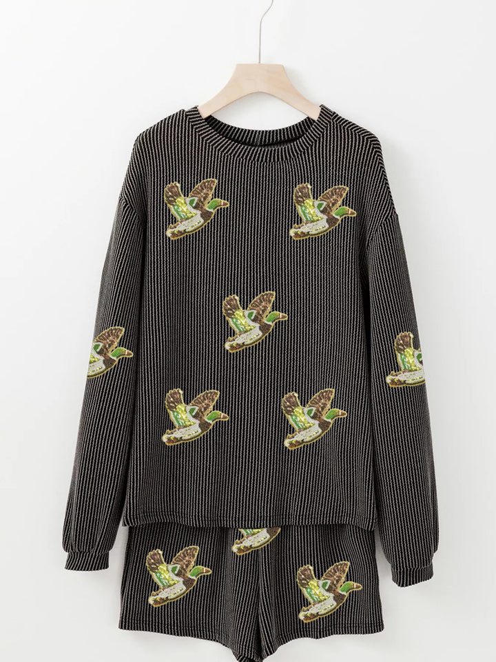 Flying Mallard Sequin Patched Ribbed Long Sleeve Top and Shorts Set