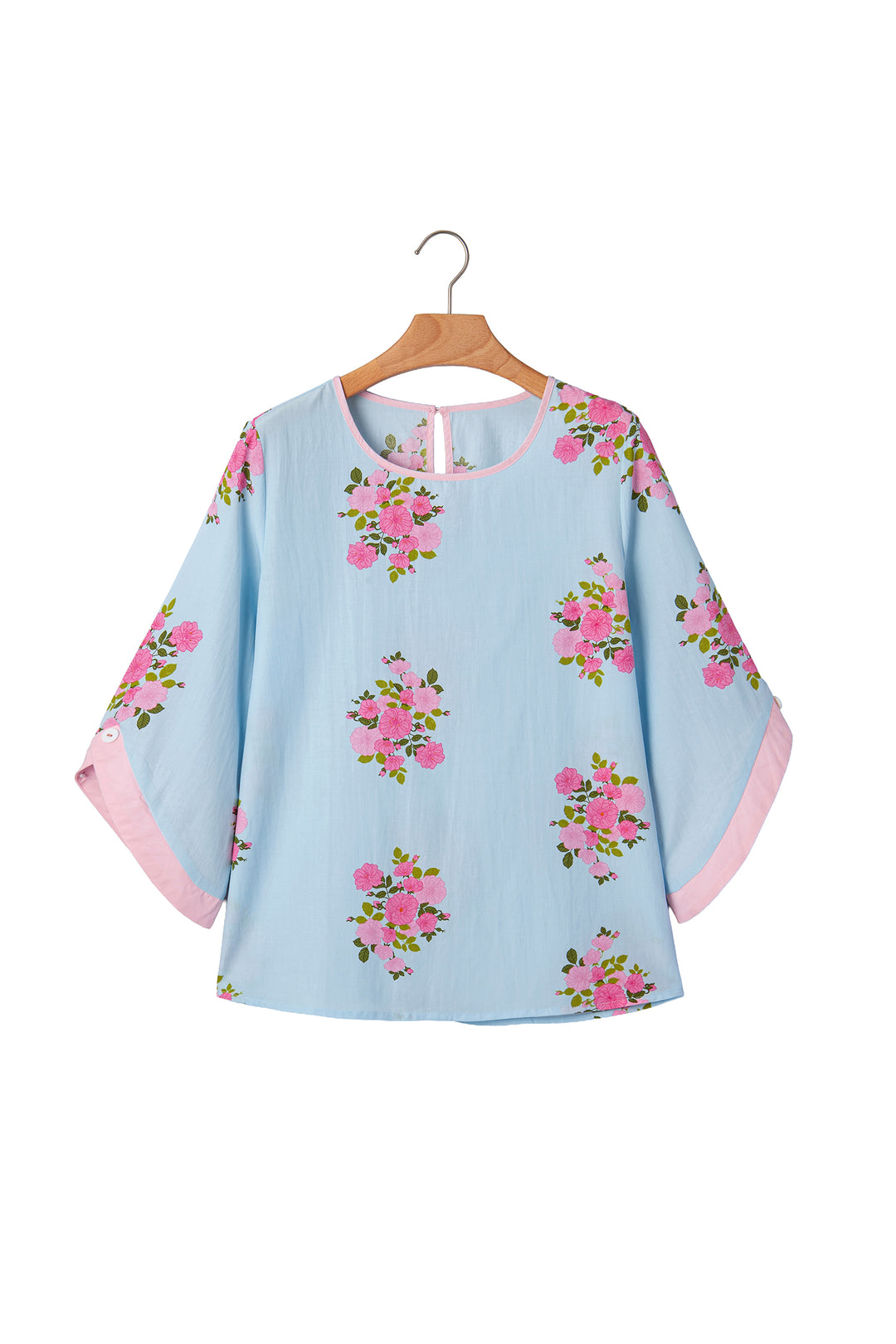 Sky Blue Floral Print Button Cuffed 3/4 Sleeve Round Neck Blouse