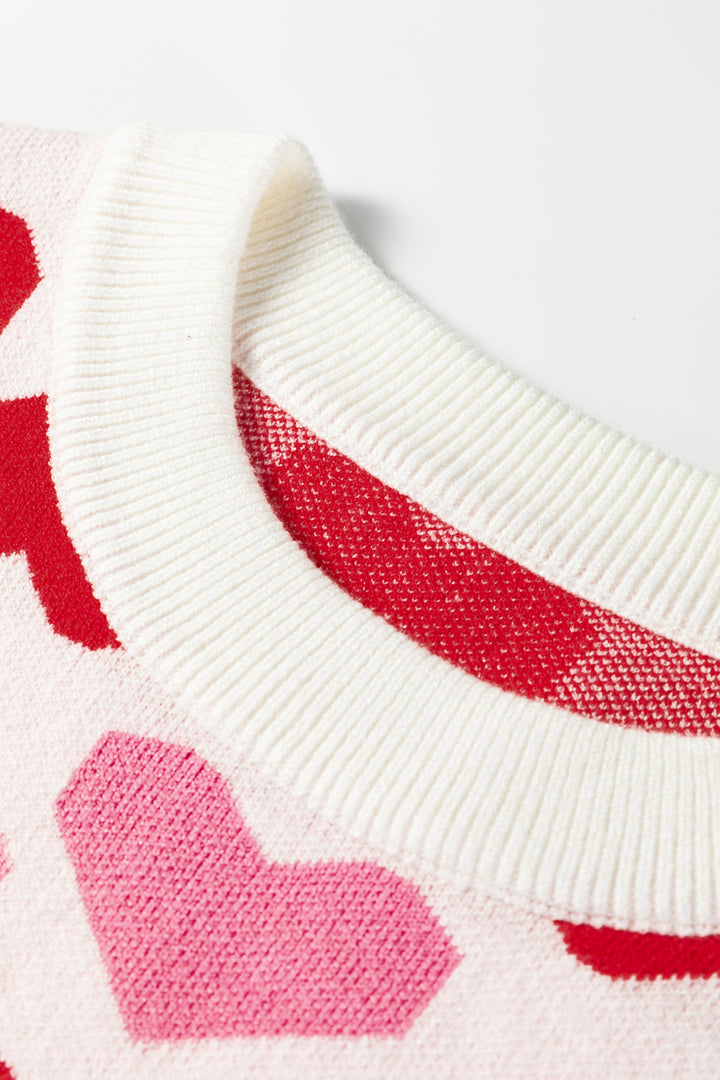 Sachet Pink 2-tone Heart Print Valentine Crew Neck Short Sleeve Sweater