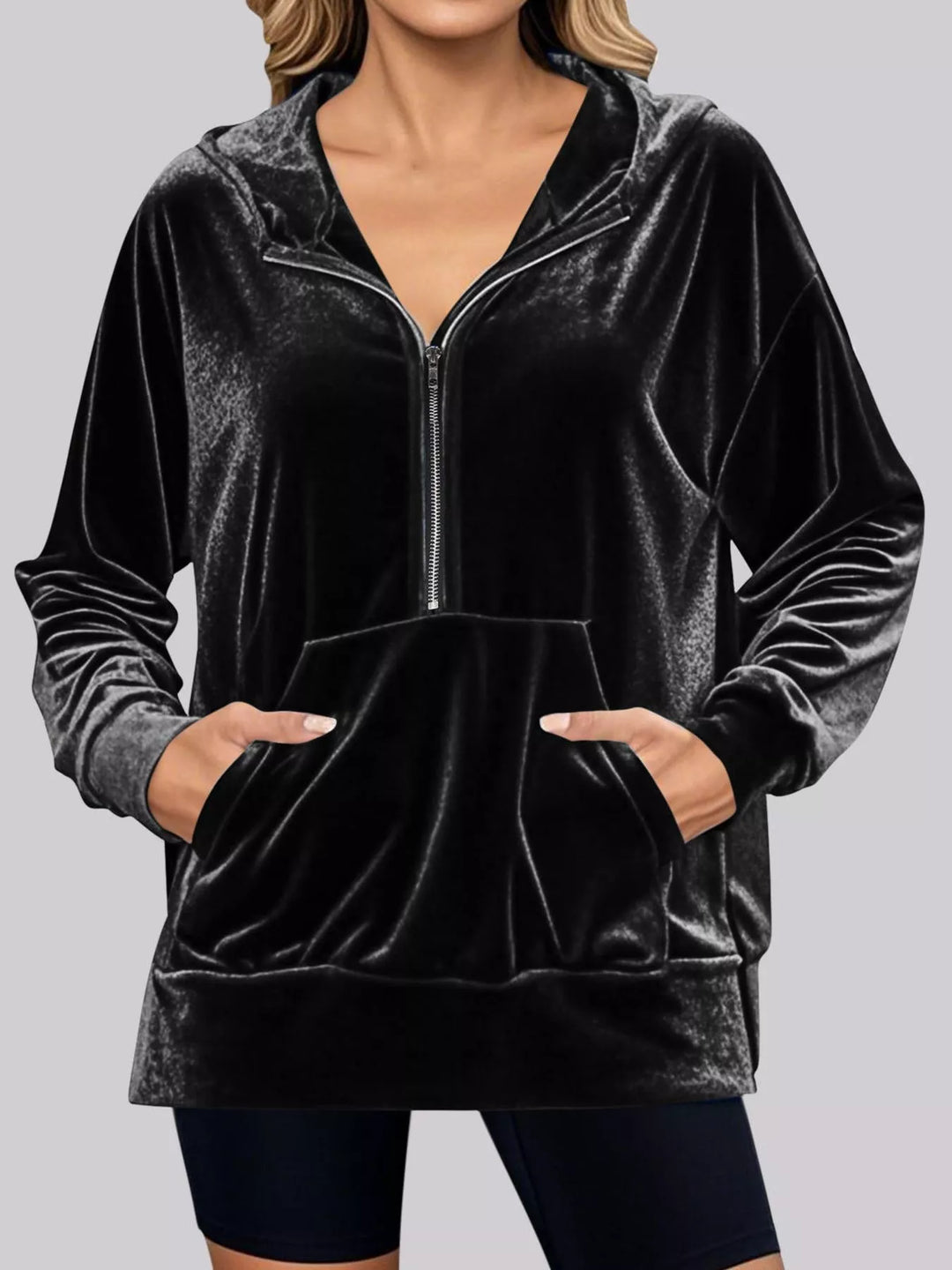 Full Size Velvet Half Zip Hoodie with Kangaroo Pocket Plus Size
