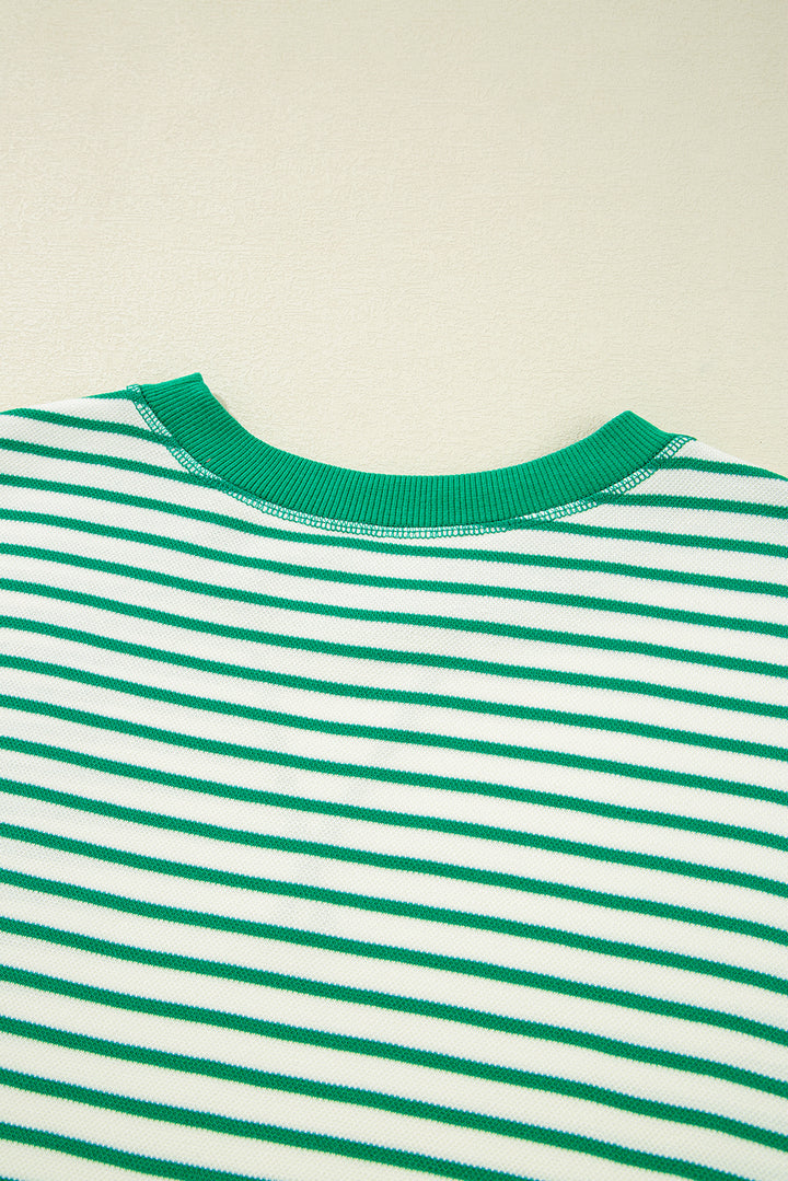 Bright Green Striped Exposed Seam Patchwork Loose Pullover Top