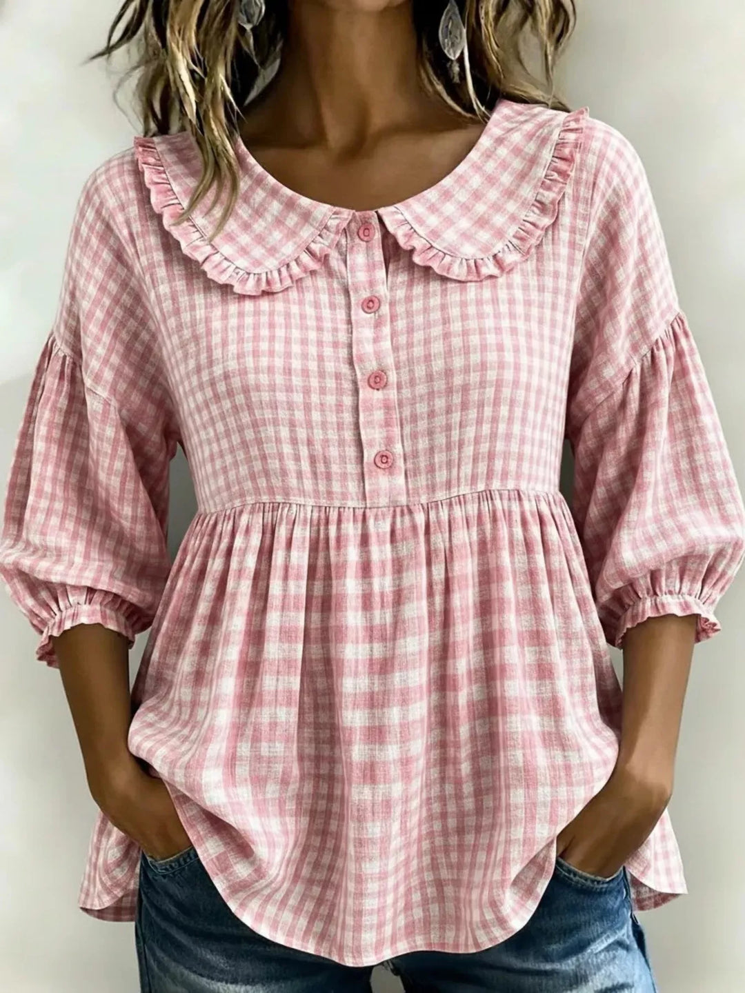 Full Size Gingham Peter Pan Collar Blouse Plus Size