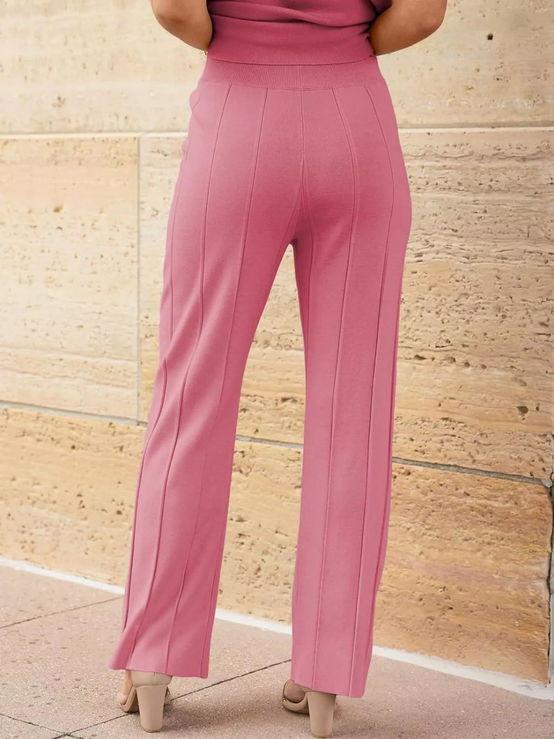 Casual Solid Color Cap Sleeve Top and Pants Knit Set