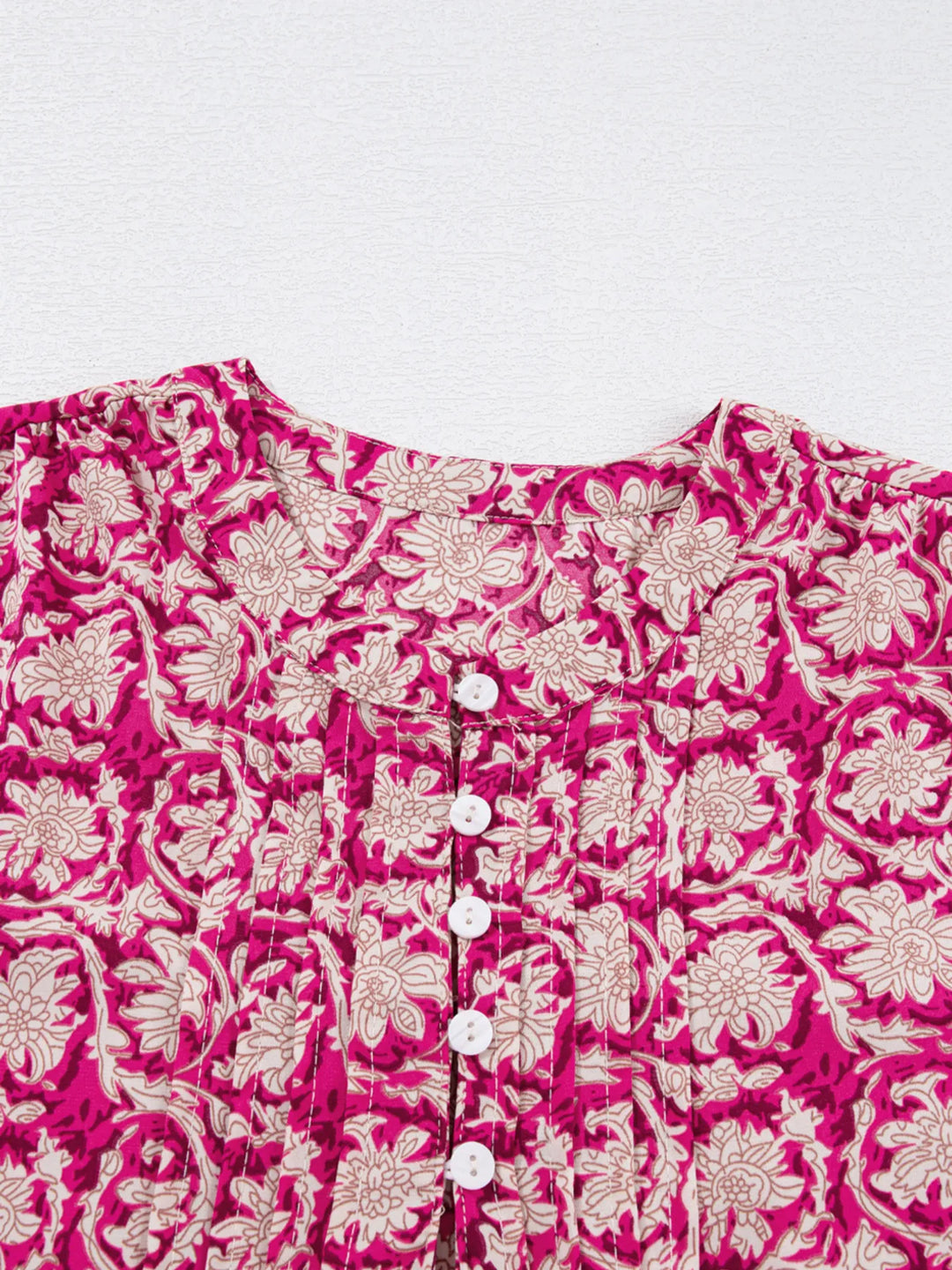 Floral Print Split Neck Pleated Long Sleeve Blouse