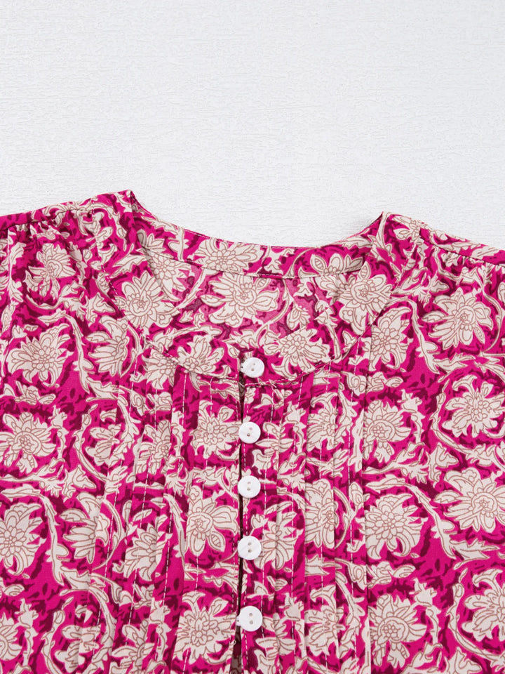 Floral Print Split Neck Pleated Long Sleeve Blouse