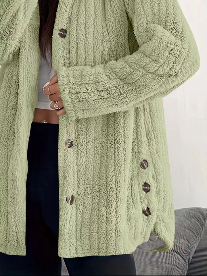 Full Size Fleece Button Up Hooded Outerwear Plus Size