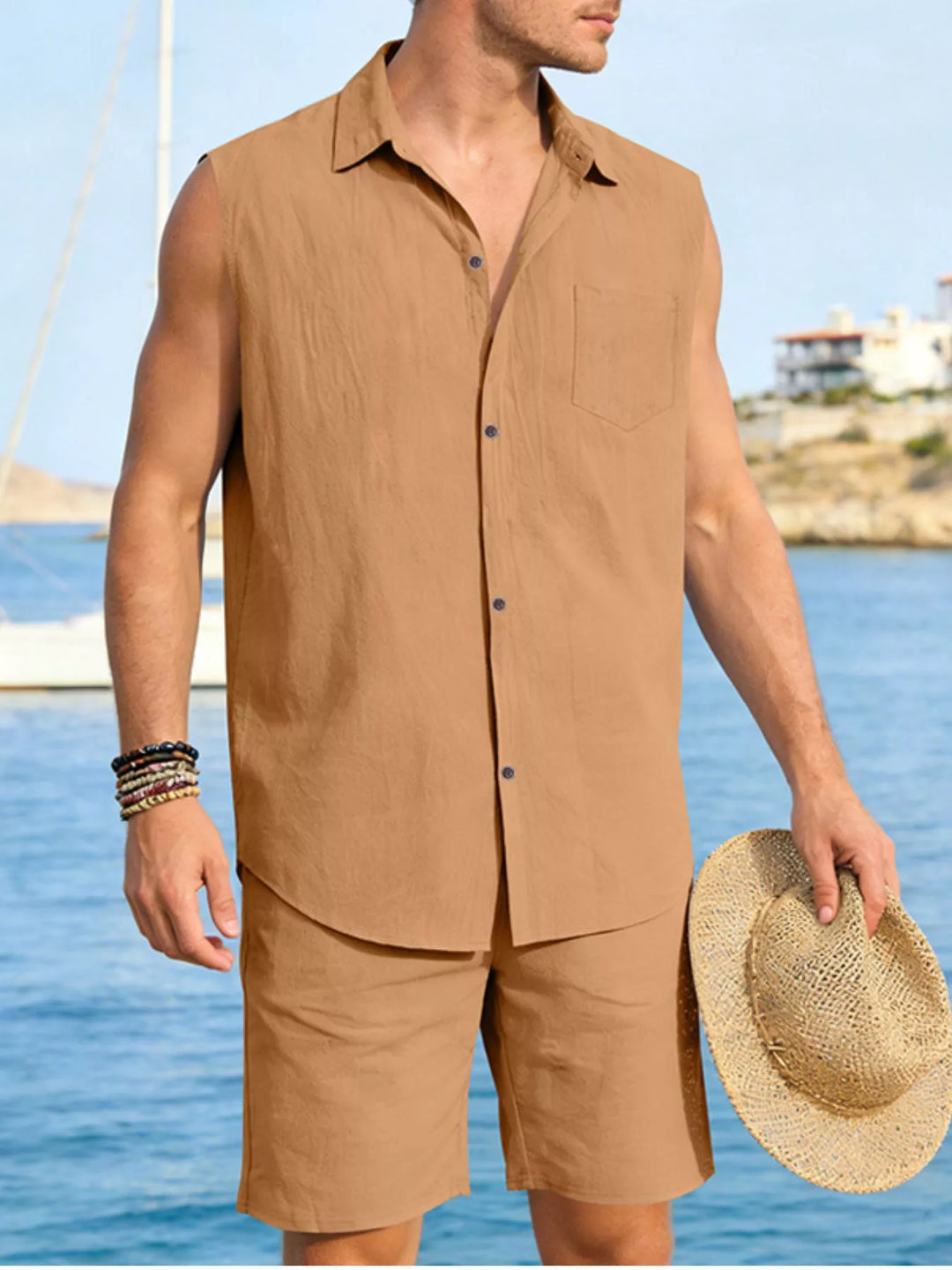 Men's Full Size Button Up Sleeveless Top and Shorts Plus Size