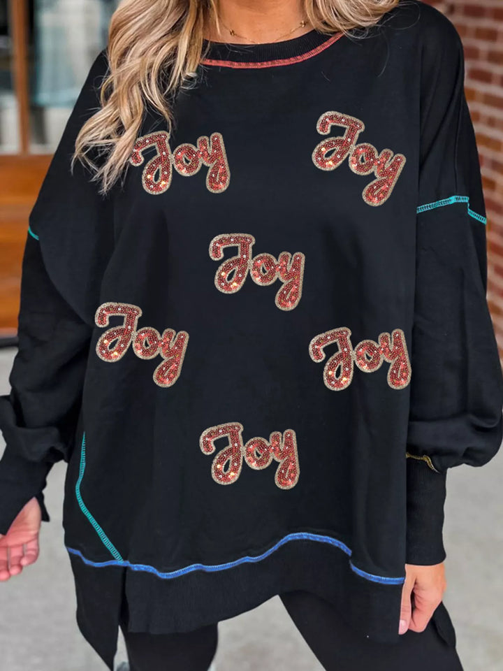 Sequin Joy Letter Graphic Contrast Seam Detail Drop Shoulder Sweatshirt