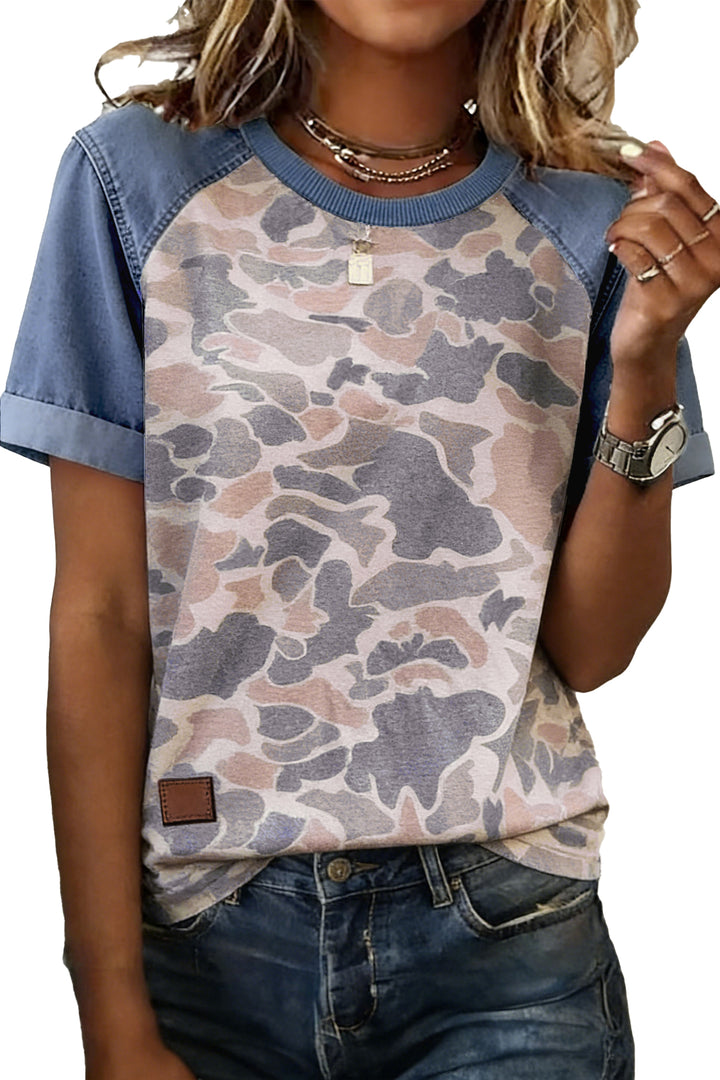 Multicolour Camouflage Print Denim Color Block Sleeve Casual Tee