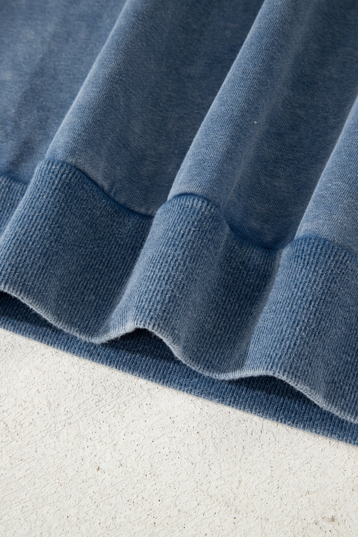 Sail Blue Lace Patchwork Detail Notched Neck Mineral Wash Baggy Sweatshirt