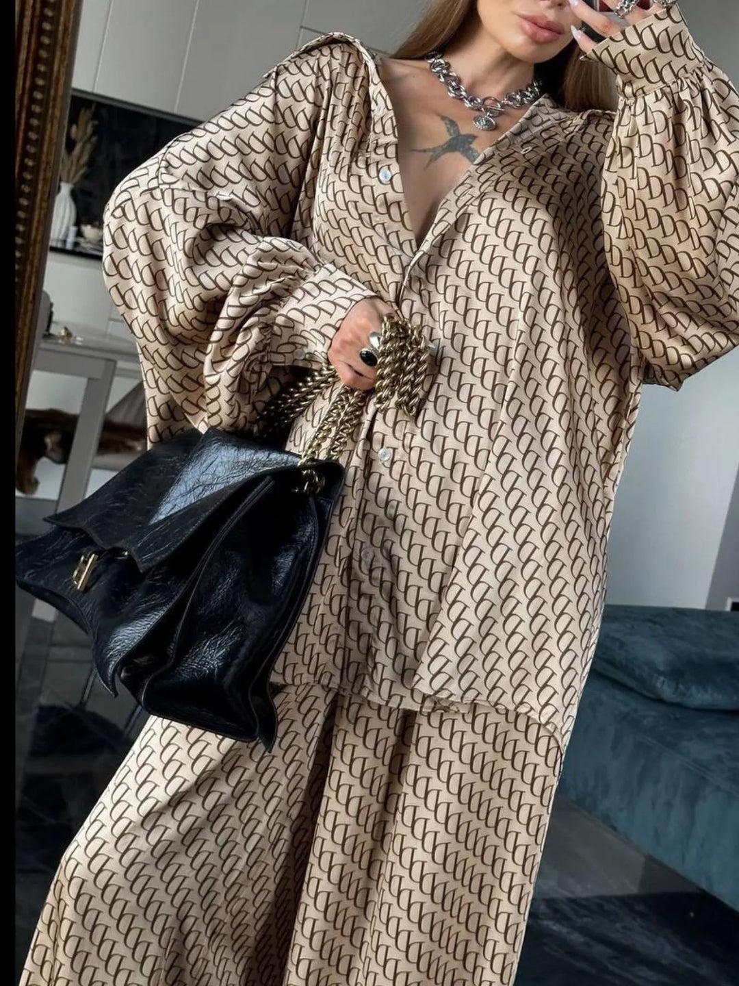 Printed Button Up Shirt and Pants Set