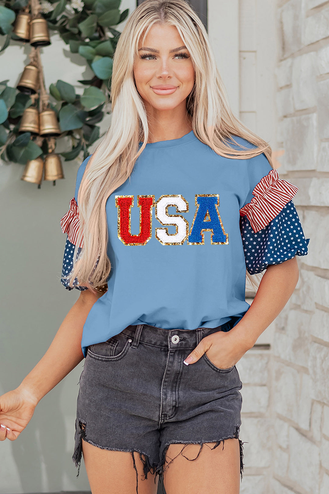 Beau Blue USA Chenille Lettering Stars and Stripes Patchwork Sleeve Top