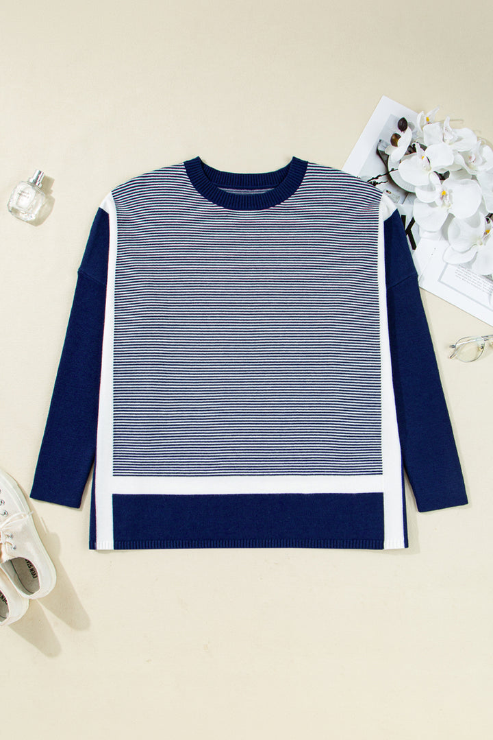 Blue Stripe Color Block Patchwork Dolman Oversize Tunic Sweater