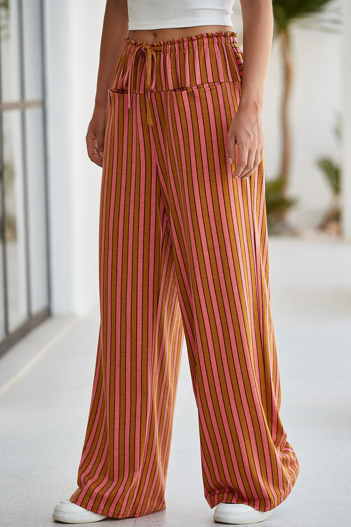 Stripe Button Pocket Tie Waist Casual Wide Leg Pants