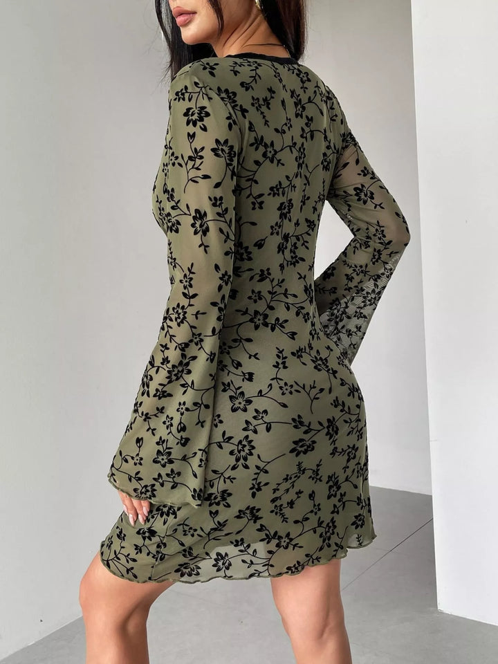 Floral Print Flare Sleeve Mini Dress