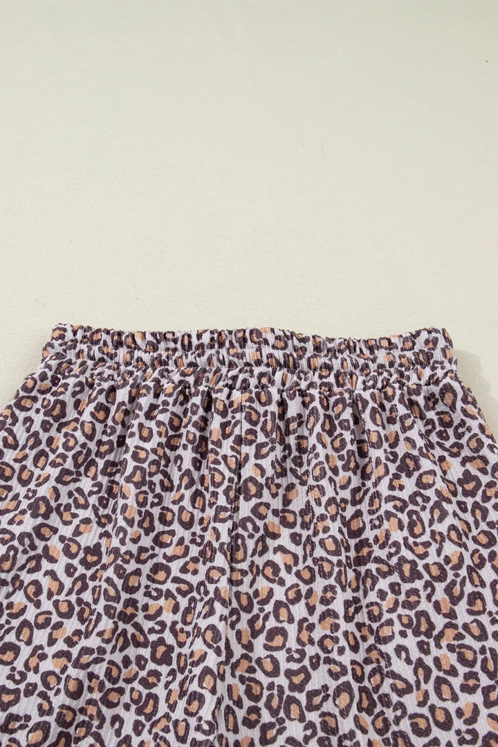Leopard Ribbed Long Sleeve Top Drawstring Shorts 2pcs Outfit