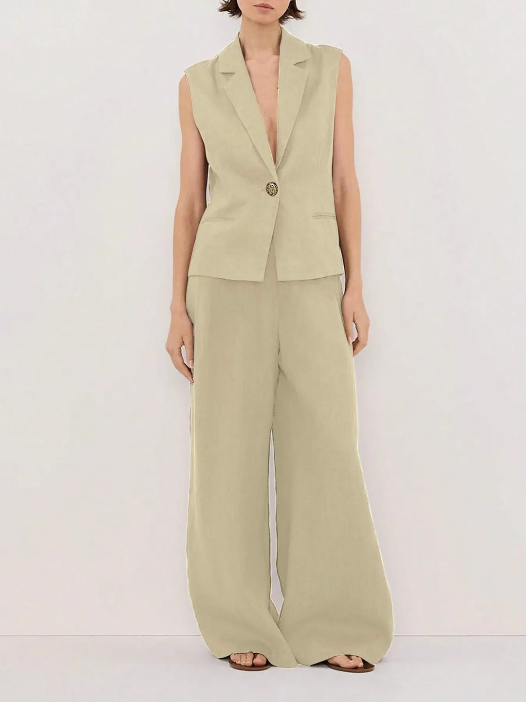 One Button Sleeveless Top and Pants Set