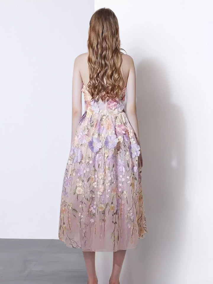 Strapless Floral Applique Midi Dress
