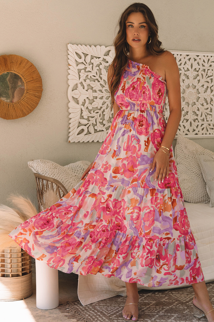 Robe longue froncée à une épaule et imprimé floral abstrait rose