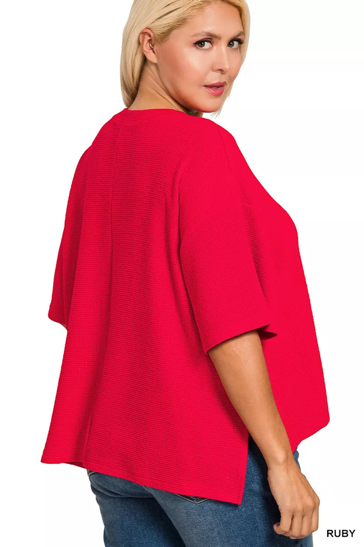 Zenana Full Size Double Knit Side Slits Hi Low Short Sleeve Top Plus Size