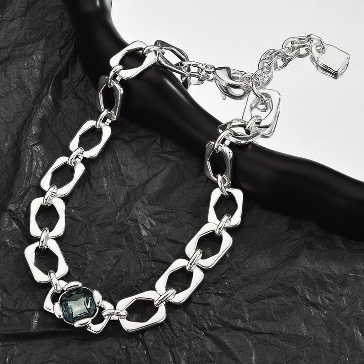 Thick Irregular Square Link Choker Necklace For Women, Smoky Grey Cubic Zirconia Chunky Silver Collarbone Chain, Cool European Spanish Fashion Jewelry