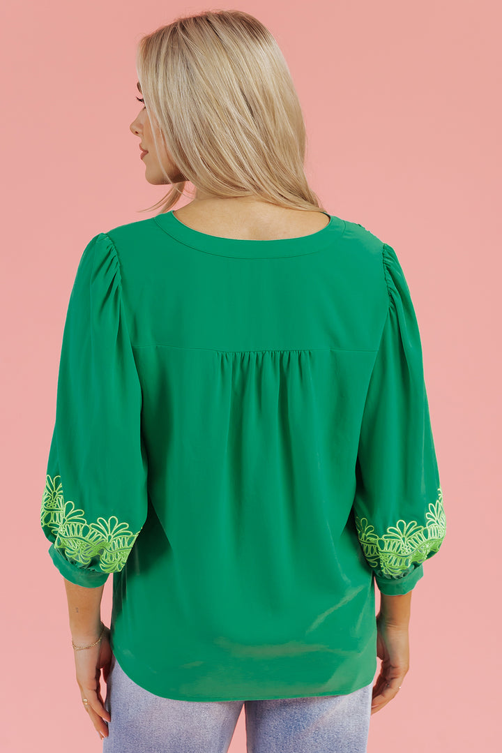 Green Contrast Floral Embroidered 3/4 Sleeve Notched V Neck Elegant Blouse