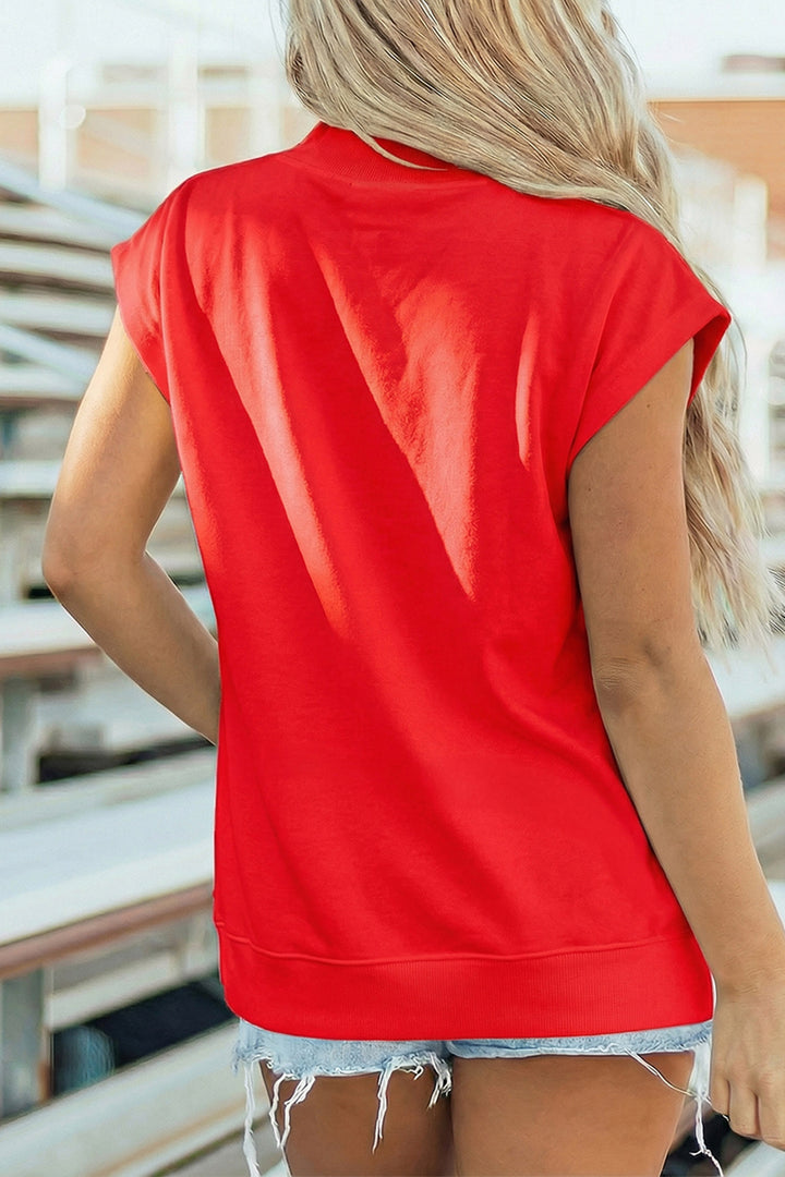 Racing Red Patriotic Sequin Graphic High Neck Short Sleeve Top