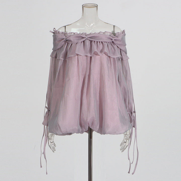 Retro Off-the-Shoulder Strap Bell-Sleeve Solid Color Chiffon Top
