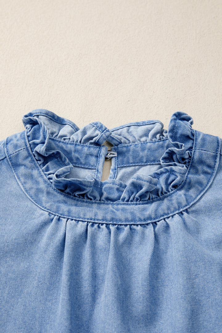 Frilled Collar Flutter Sleeve Denim Top