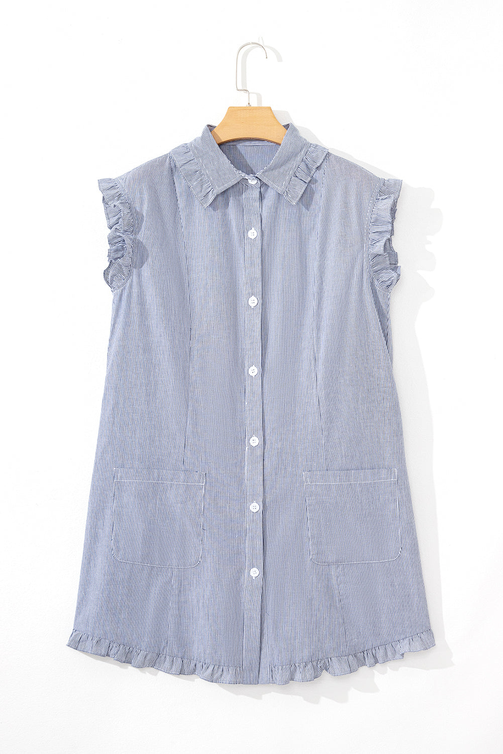Robe courte boutonnée à rayures bleues, col sans manches, poche avant, col à volants