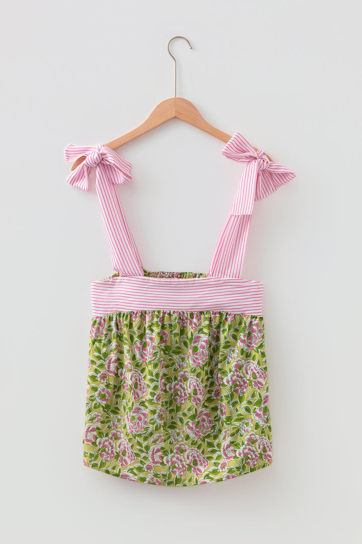 Green Fashion Printed Knot Straps Babydoll Tank Top