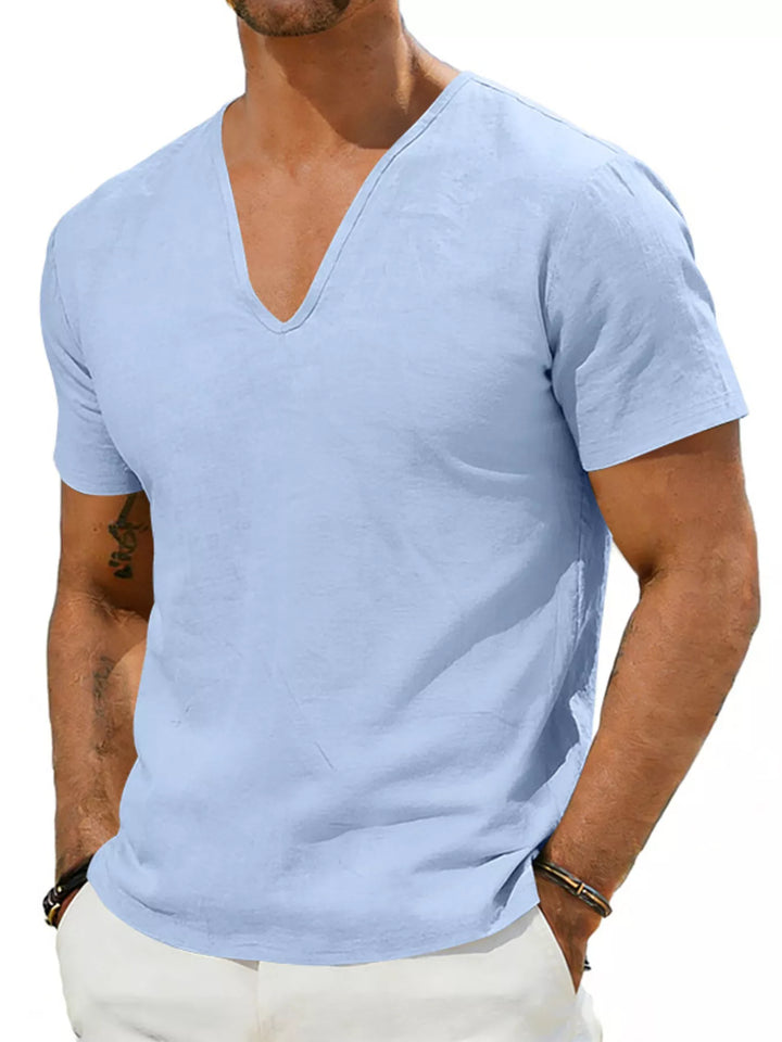 Men's Full Size Casual V-Neck Linen T-Shirt Plus Size
