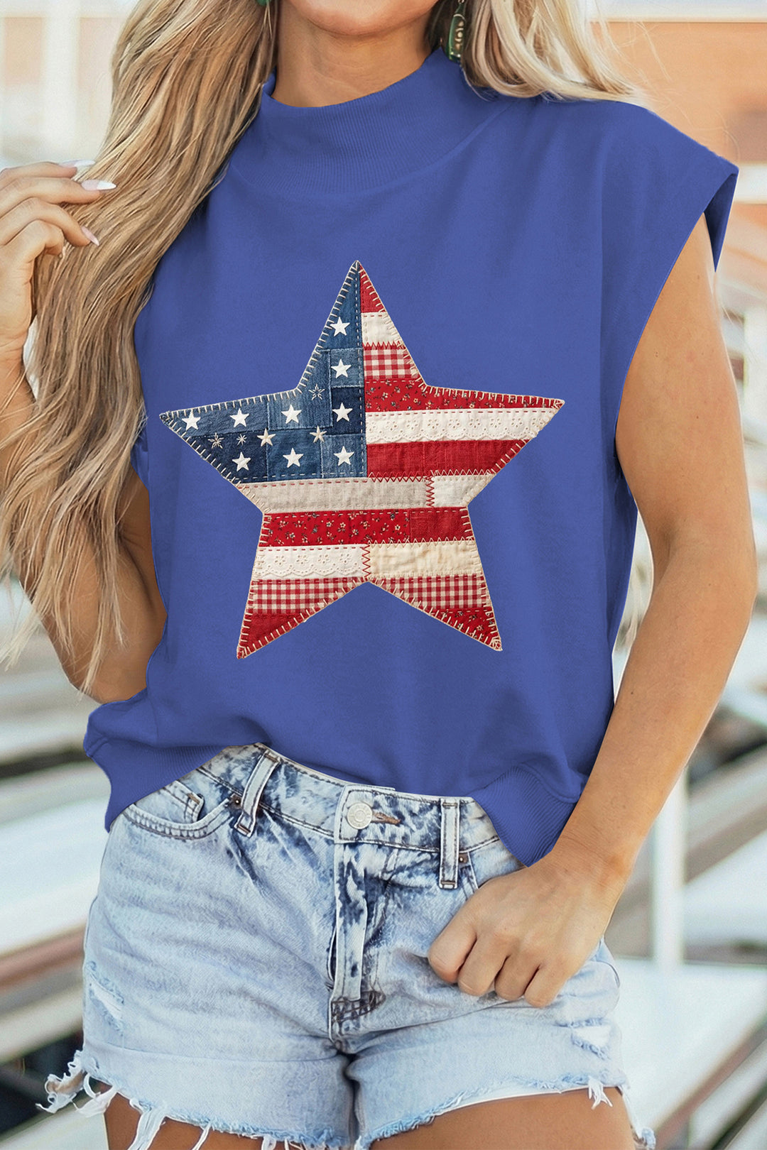 Sky Blue Faux Patchwork Patriotic Star Printed High Neck Top