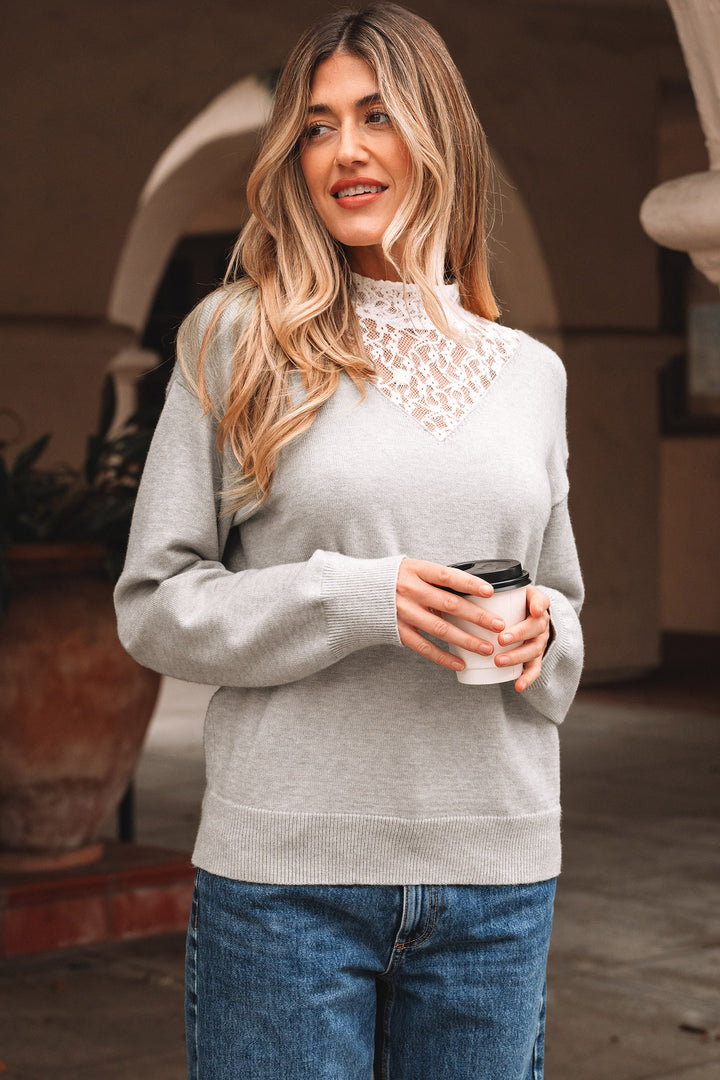 Light Grey Button Keyhole Lace Patchwork Drop Shoulder Sweater