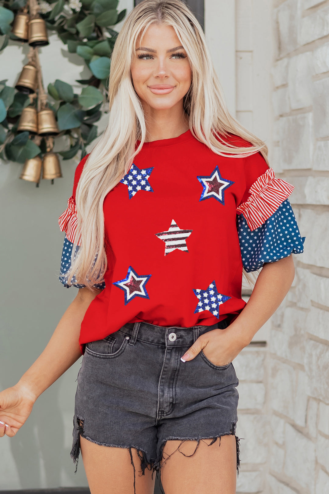 Fiery Red Patriotic Sequin Star Patched Stars and Stripes Contrast Sleeve Top