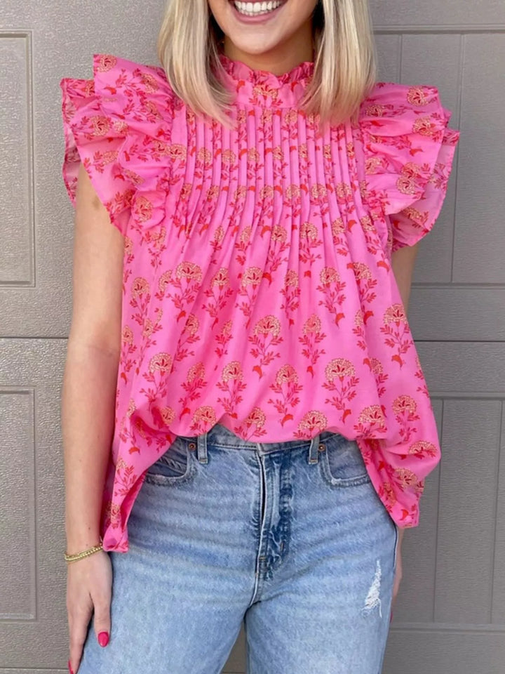 Floral Print Pleated Ruffled Flutter Sleeve Blouse