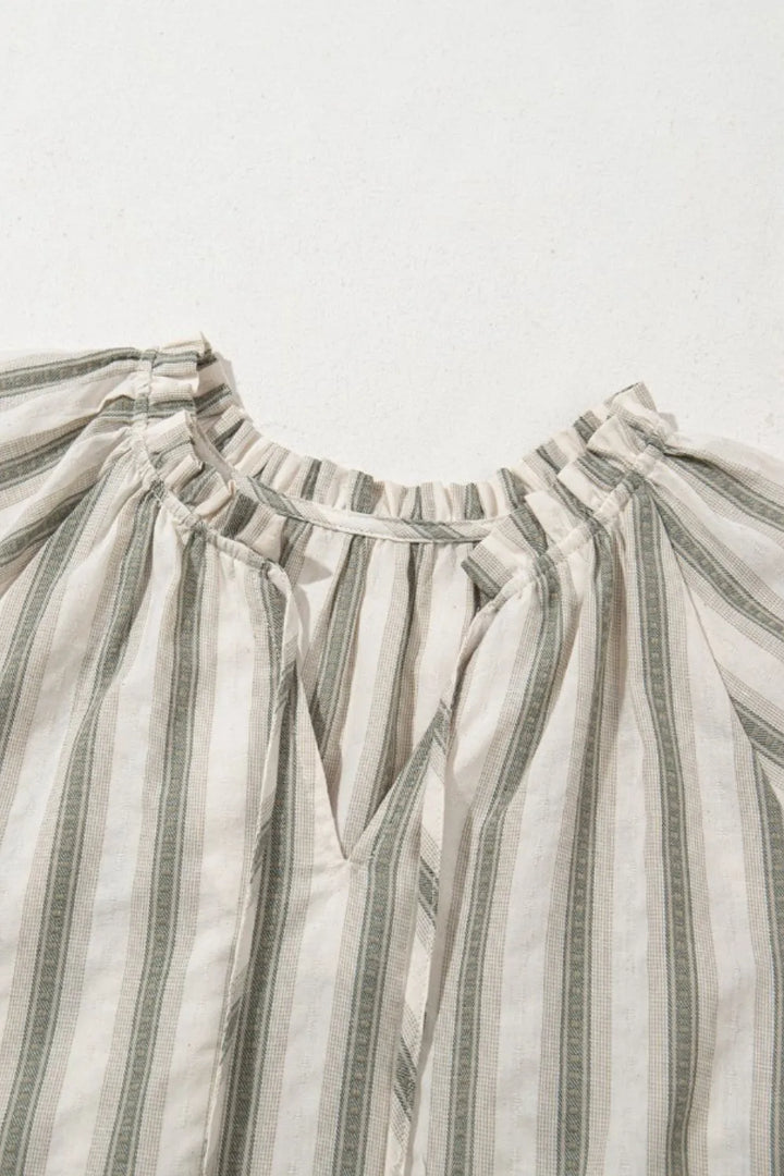 Stripe Frilled Tie Neck Short Sleeve Blouse
