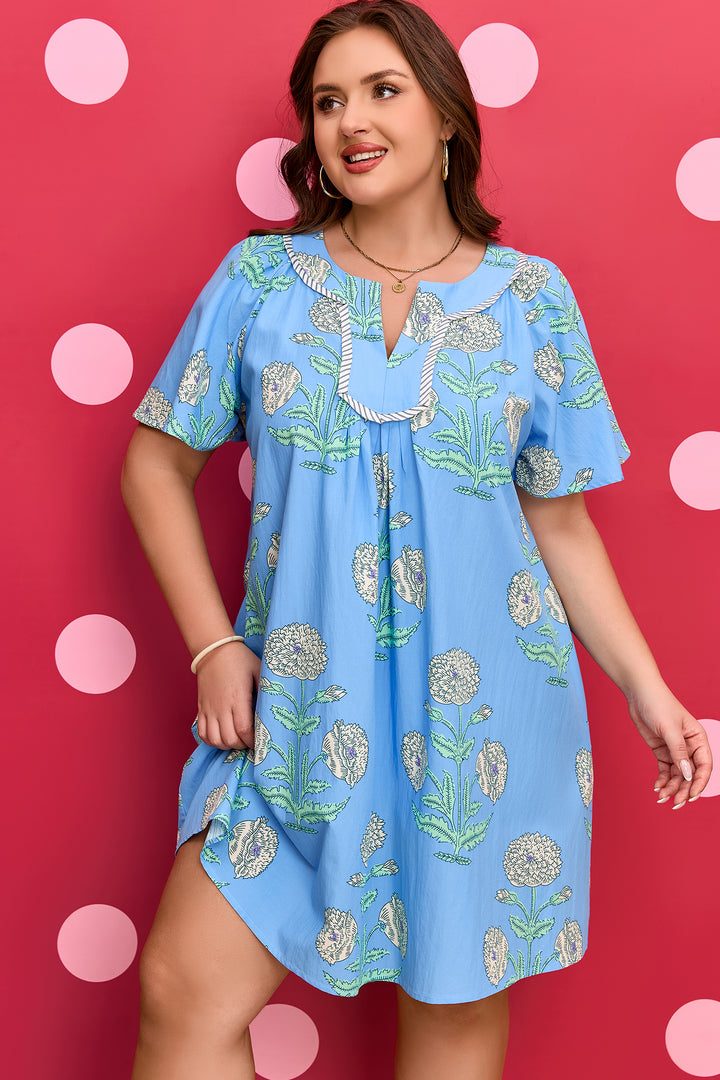 Sky Blue Plus Periwinkle Floral Printed Short Sleeve Striped Trim Split Neck Mini Dress