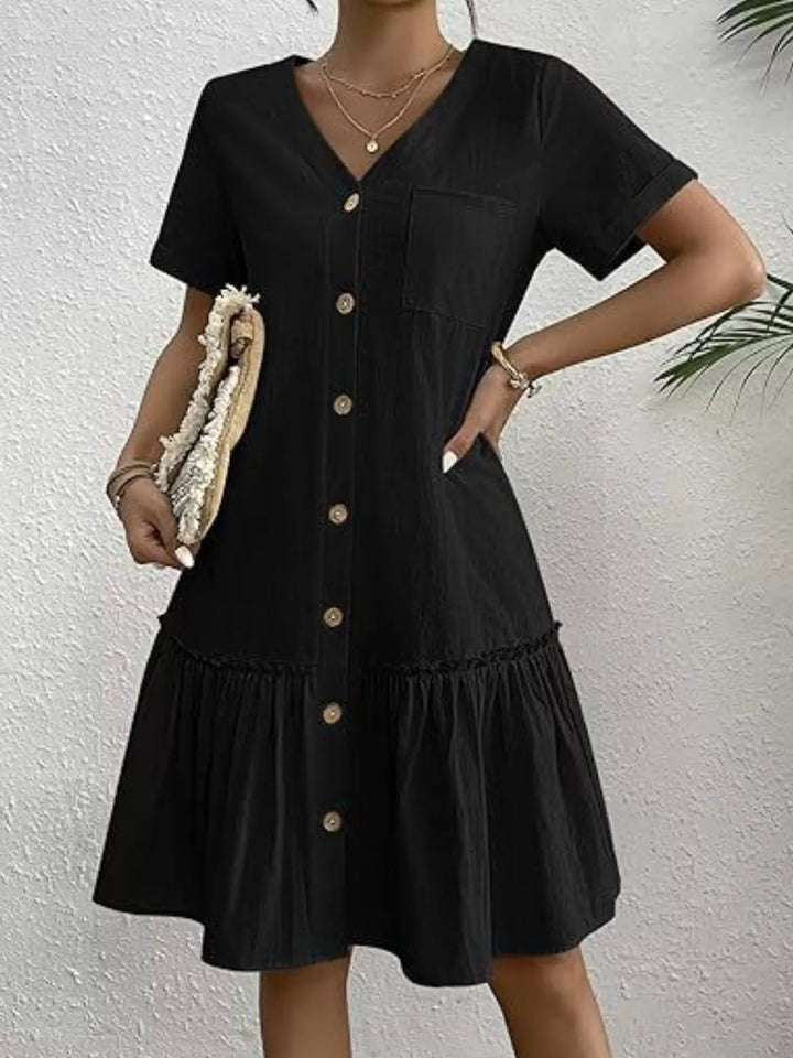 Full Size Button-Front Short Sleeve Tiered Dress Plus Size