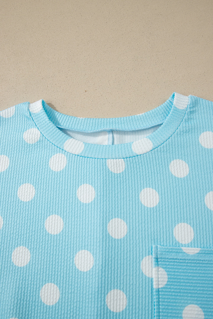 Sky Blue Twisted Rib Polka Dot Print Plus Size T Shirt