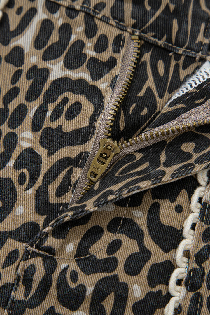 Khaki Contrast Scalloped Lace Trim Leopard Denim Shorts