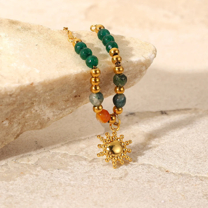 Bohemian Sun Charm Beaded Stainless Steel Necklace