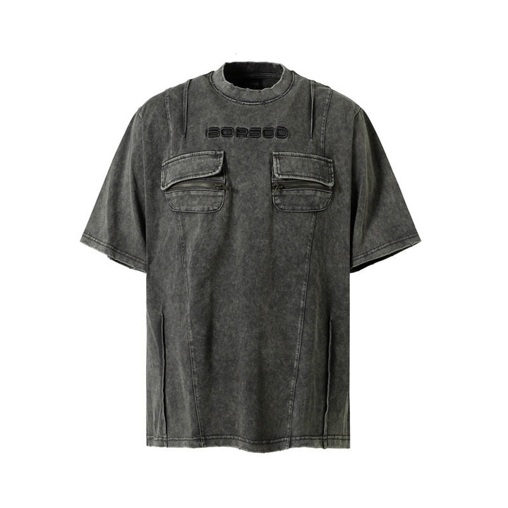 High Street Retro Workwear Zipper Pocket Decoration Washed Distressed Short Sleeve