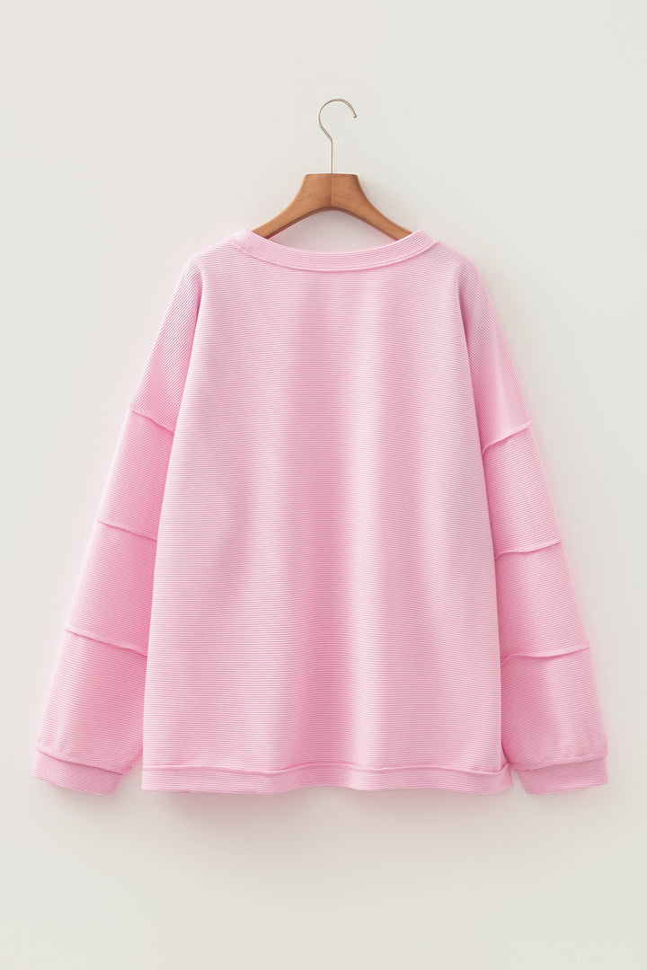 Pink Drop Shoulder Long Sleeve Plus Size Ribbed Top