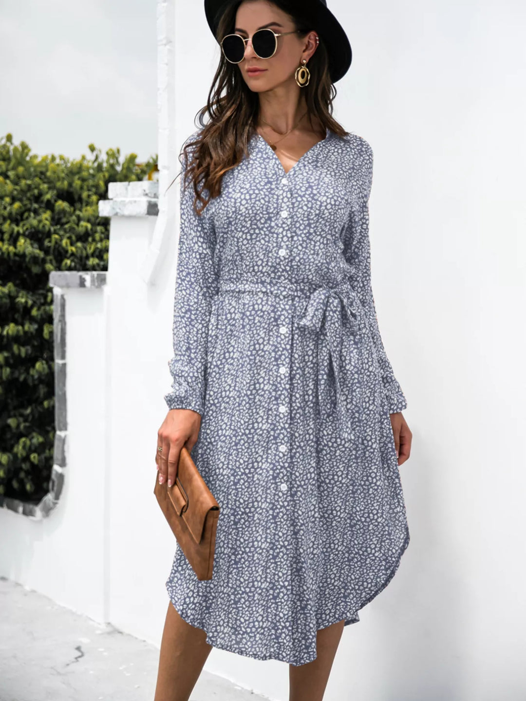 Button Down Printed Long Sleeve Shirt Dress