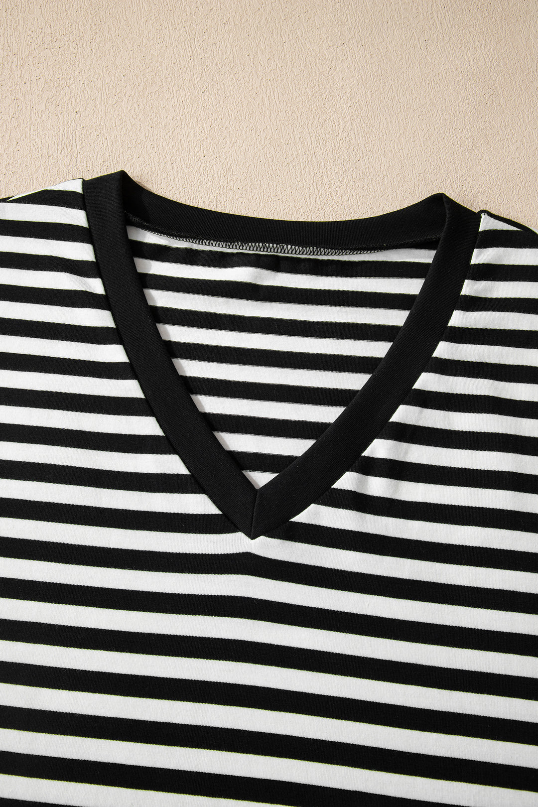 Black Striped Print V Neck Delicate Trim Casual Tee